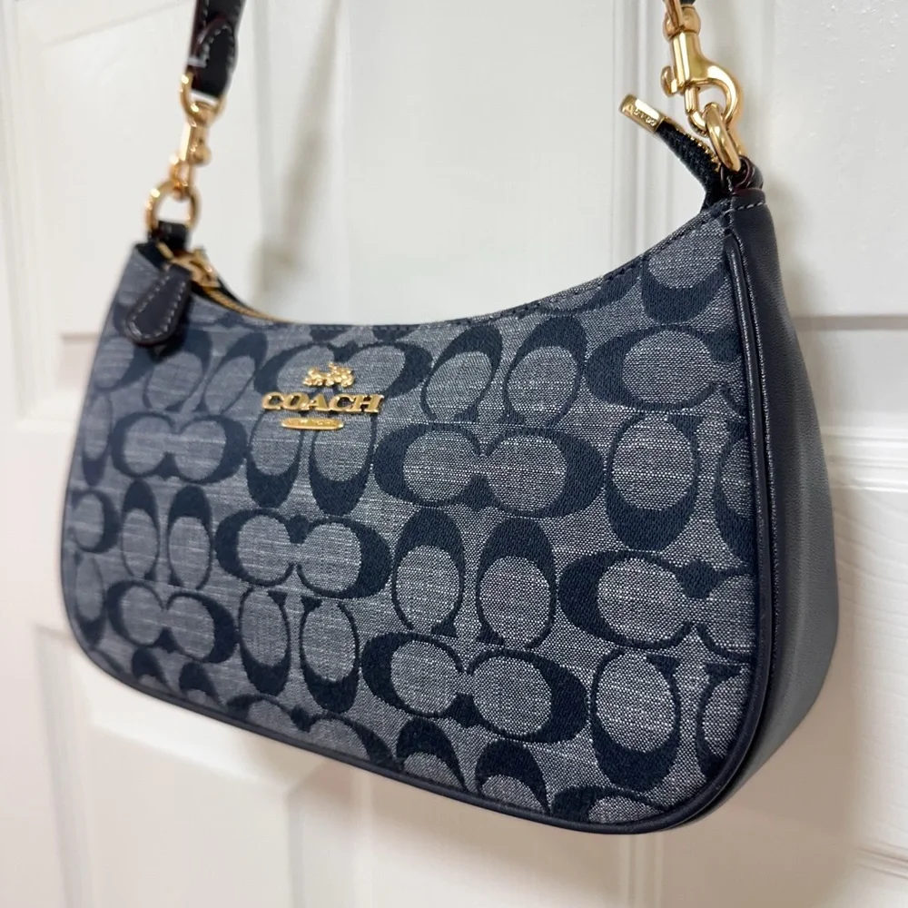Coach Teri Shoulder Bag Signature Chambray Leather Trim
